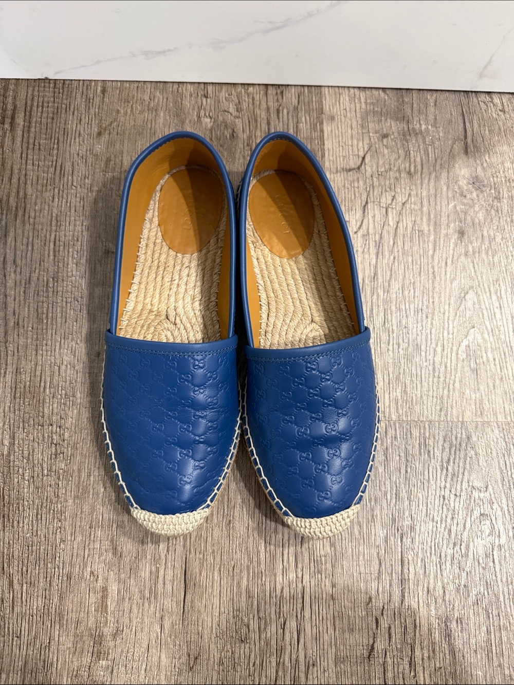 Gucci Royal Blue Embossed Leather Espadrille Flats